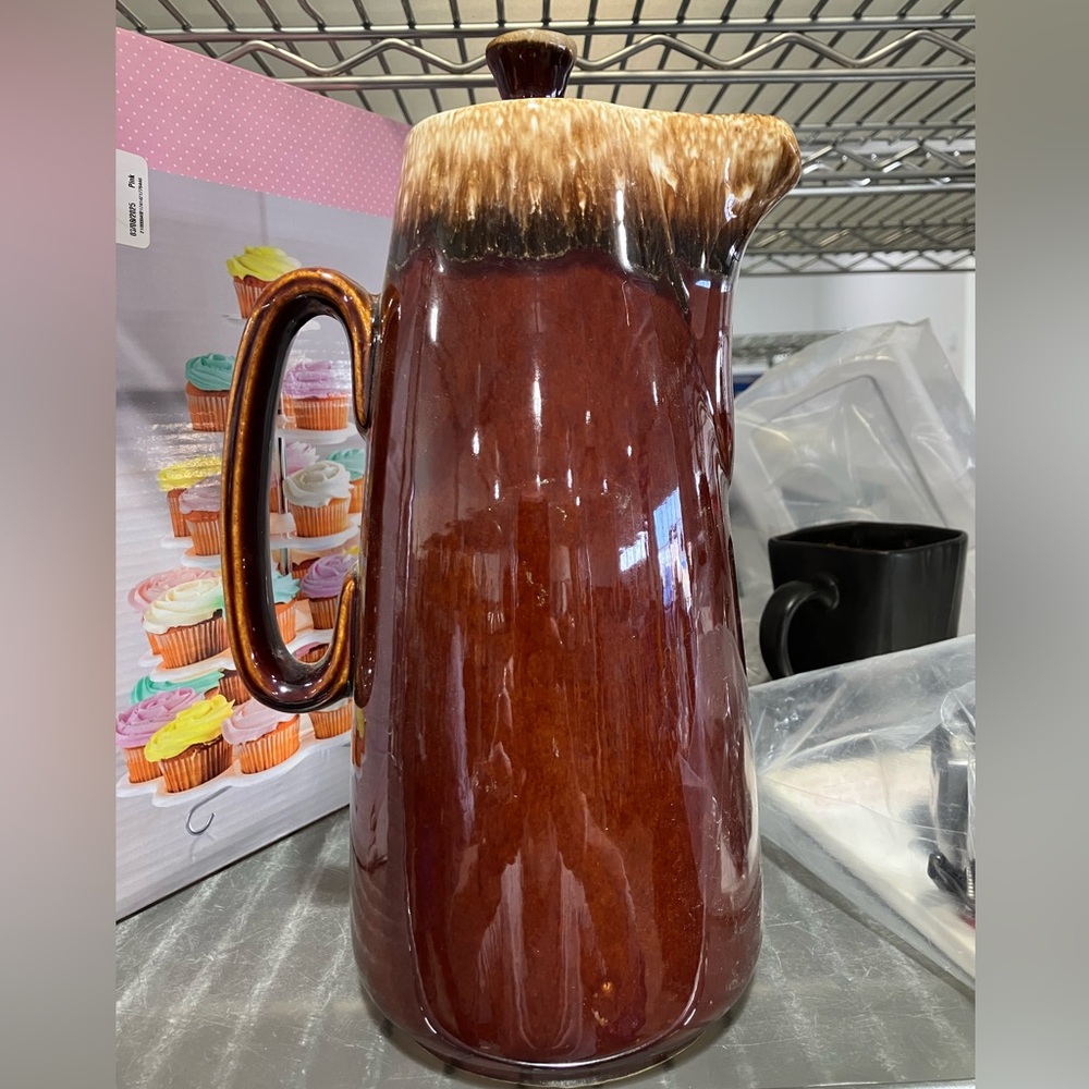1960s Hull Oven Proof U.S.A. Pottery Milk Pitcher Brown Drip Glaze 10" W/Lid